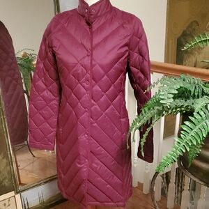 J.Jill Women's Burgundy Down Filled Quilted Long Puffer Coat - XS